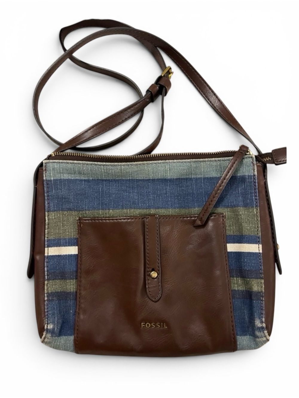 Fossil Kinley Brown/Green/Blue Striped Canvas & Faux Leather Crossbody Bag
